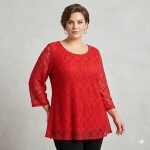 Brittany Black Red Floral Lace Blouse Top Womens Plus Size 3X 3/4 Sleeve Lined